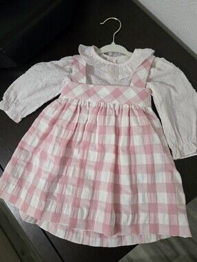 Sophie & Lucas Pink & White Gingham Pinafore Dress with Long Sleeve Blouse